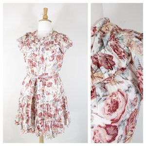 Rebecca Taylor La Vie Pink Red Metallic Floral Belted Fit Flare Shirt Dress XL